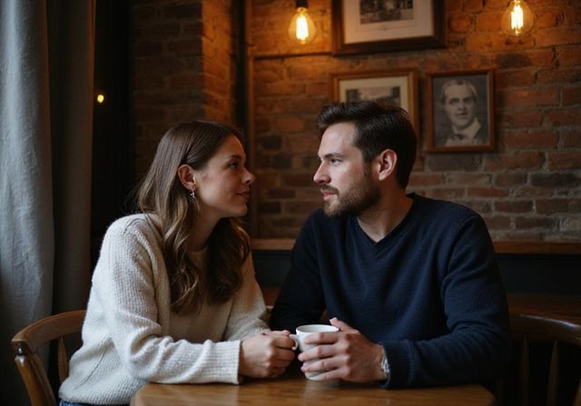 Twee mensen genieten van een intiem gesprek in een café. Twee mensen genieten van Sexcontact in Drenthe
