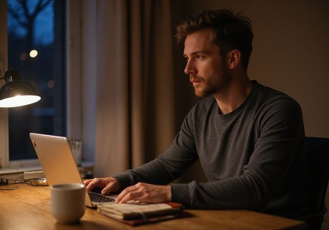 Een man werkt geconcentreerd aan zijn laptop aan een houten bureau. Een man zoekt naar Sexcontact in Drenthe