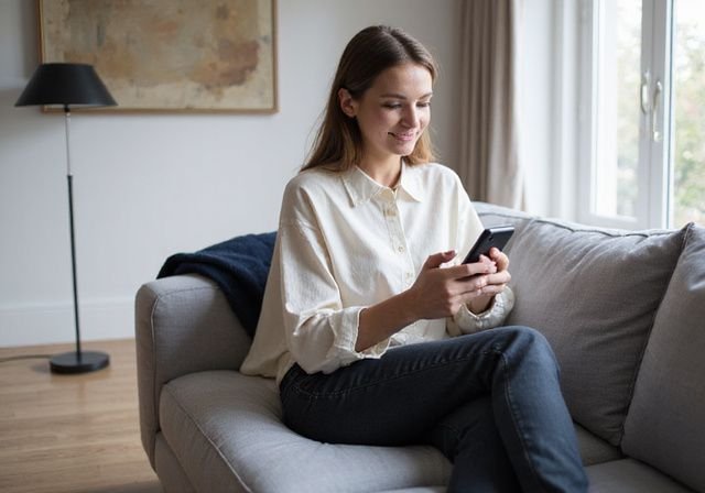 Een vrouw zit ontspannen op een moderne bank met een glimlach. Een vrouw zit ontspannen op een moderne bank met een glimlach.