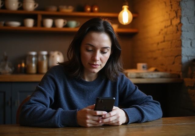 Een middelbare vrouw leest geconcentreerd op haar smartphone in een café. Een middelbare vrouw leest geconcentreerd op haar smartphone in een café.