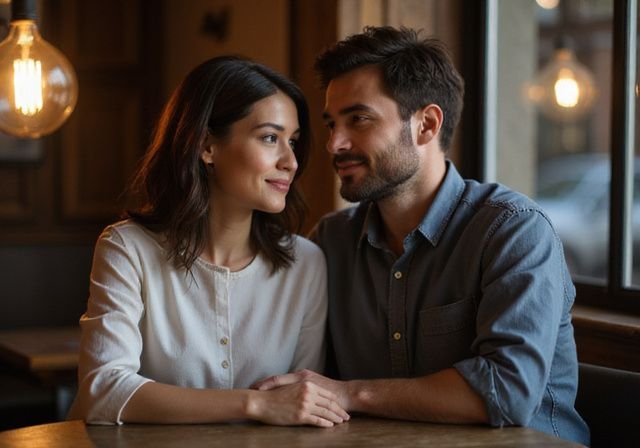 Een man en vrouw delen een intiem moment in een café. Een man en vrouw willen Sexcontact Drenthe