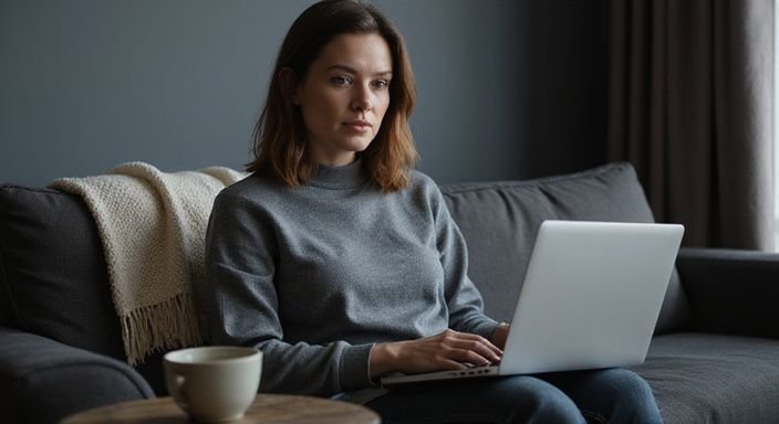 Een vrouw in een grijze trui zit op een moderne bank. Een vrouw in een grijze trui zit op een moderne bank.