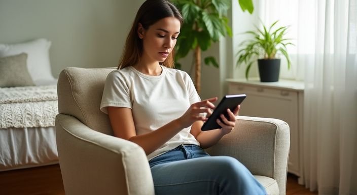 Een vrouw in een comfortabele stoel, scrollend op een tablet. Een vrouw in een comfortabele stoel, scrollend op een tablet.