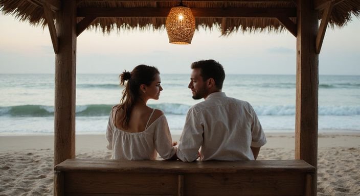 Ein Paar sitzt entspannt in einer Strandkabine und genießt die Intimität. Ein Paar sitzt entspannt in einer Strandkabine und genießt die Intimität und geht ficken in deiner nähe.