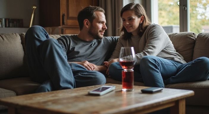 Zwei Erwachsene führen ein entspanntes Gespräch mit Wein und Smartphone. Zwei Erwachsene führen ein entspanntes Gespräch mit Wein und Smartphone und wollen ficken in deiner nähe.