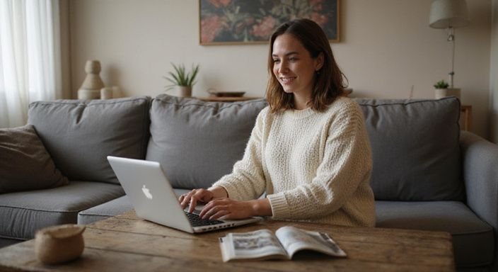 Eine lächelnde Frau in einem gemütlichen Wohnzimmer mit Laptop. Eine lächelnde Frau in einem gemütlichen Wohnzimmer mit Laptop.