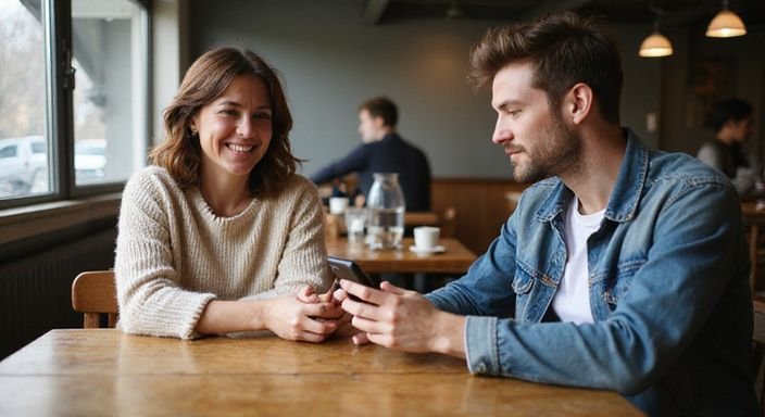Eine Frau lächelt einem jüngeren Mann in einem Café zu. Eine Frau lächelt einem jüngeren Mann in einem Café zu.