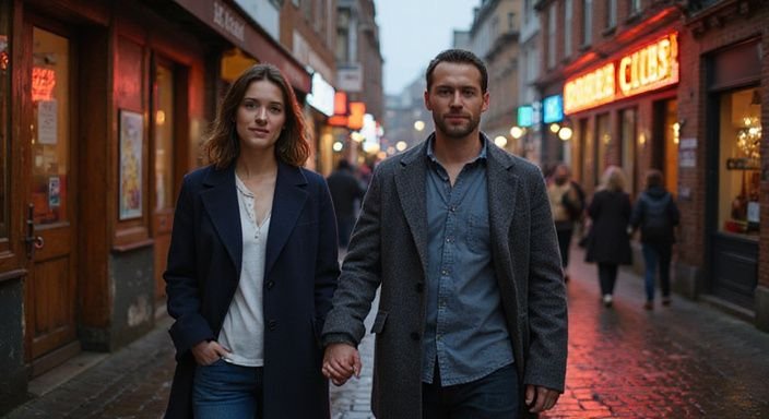Ein Paar schlendert Hand in Hand durch eine belebte Stadtstraße. Ein Paar schlendert Hand in Hand durch eine belebte Stadtstraße.