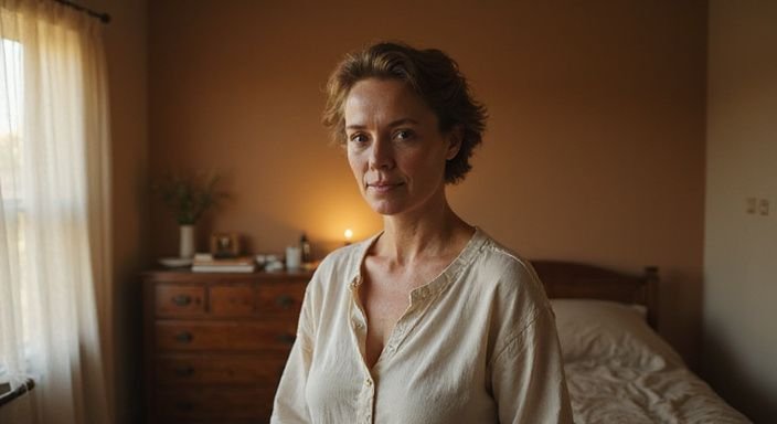 Eine Frau in einem gemütlichen Schlafzimmer mit entspannter Haltung. Eine Frau in einem gemütlichen Schlafzimmer mit entspannter Haltung.
