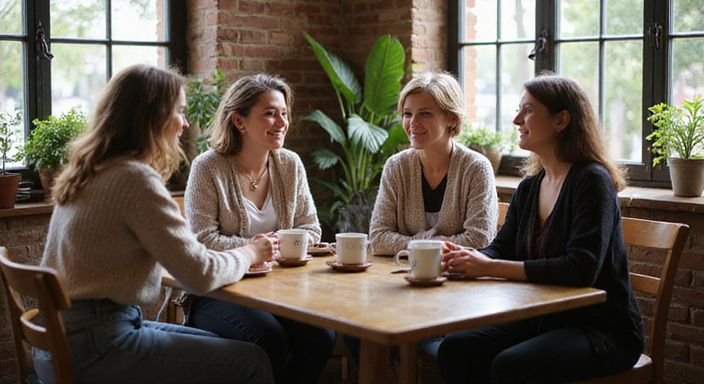 Fünf reife Frauen genießen ein intimes Gespräch in einem Café. Fünf reife Frauen genießen ein intimes Gespräch in einem Café und wollen Milf Sexkontakte.