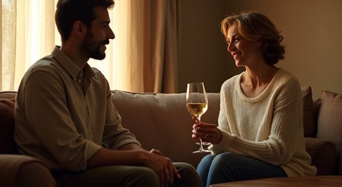 Eine Frau und ein Mann genießen ein entspanntes Gespräch auf einem Sofa. Eine Frau und ein Mann genießen Milf-Sexkontakte auf der Couch.