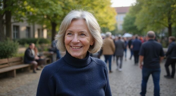 Eine ältere Frau in einem blauen Pullover lächelt fröhlich in einer Menge. Eine ältere Frau in einem blauen Pullover lächelt fröhlich in einer Menge.