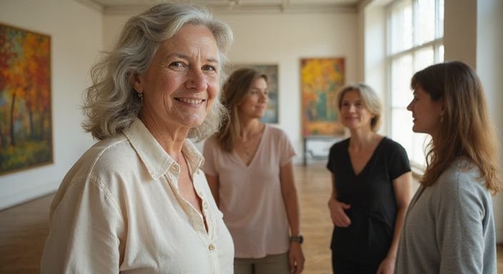 Eine ältere Frau lächelt und unterhält sich lebhaft in einer Kunstgalerie. Eine ältere Frau lächelt und unterhält sich lebhaft in einer Kunstgalerie und wollen ein Sexdate mit älteren Frauen.