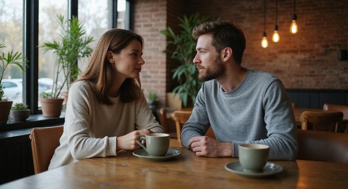 Ein Paar diskutiert intensiv über Beziehungserwartungen in einem Café. Ein Paar diskutiert intensiv über Beziehungserwartungen in einem Café und wollen ein Sexdate mit älteren Frauen.