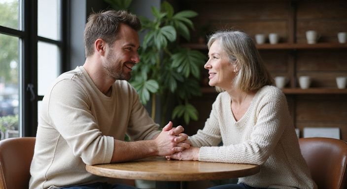 Ein Mann und eine Frau sitzen an einem runden Tisch. Ein Mann und eine Frau sitzen an einem runden Tisch während einer sexdate mit älteren Frauen.