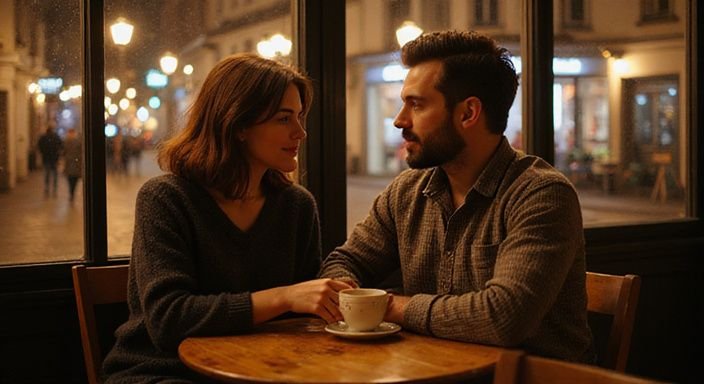 Ein Paar sitzt in einem Café und genießt anregende Gespräche. Ein Paar sitzt in einem Café und genießt anregende Gespräche.