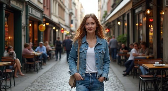 Eine Frau in Jeans und Denimjacke geht durch eine belebte Straße. Eine Frau in Jeans und Denimjacke geht durch eine belebte Straße.