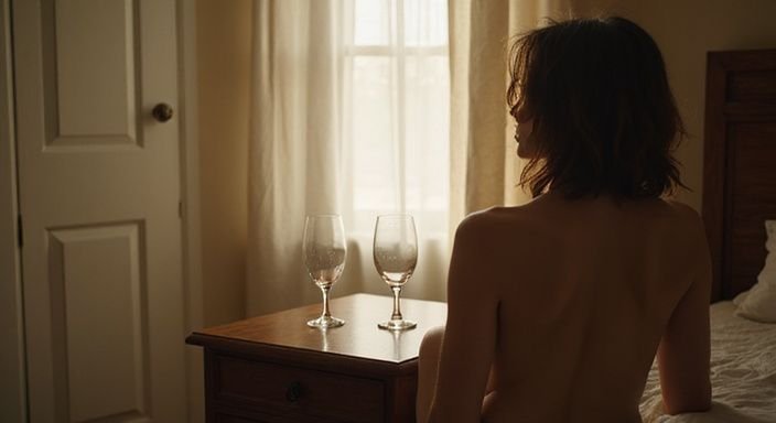 Ein gemütliches Schlafzimmer mit einem Nachttisch und Weingläsern. Ein gemütliches Schlafzimmer mit einem Nachttisch und Weingläsern für Sexkontakte in Köln.