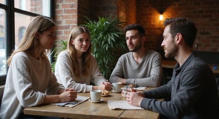 Vier Personen diskutieren entspannt in einem gemütlichen Café. Vier Personen diskutieren entspannt in einem gemütlichen Café für Sexkontakte in Köln.