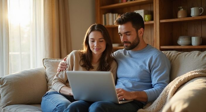 Ein Paar sitzt entspannt auf einem Sofa und nutzt einen Laptop. Ein Paar sitzt entspannt auf einem Sofa und nutzt einen Laptop suche Sexkontakte in München.