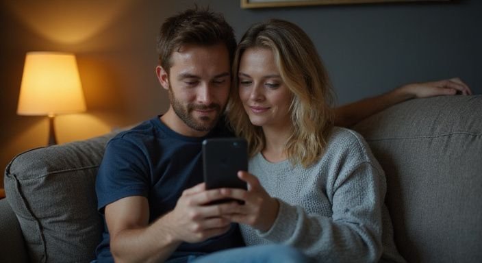 Ein Paar entspannt auf einer Couch und schaut gemeinsam auf ein Smartphone. Ein Paar entspannt auf einer Couch und schaut gemeinsam auf ein Smartphone suche Sexkontakte in München.