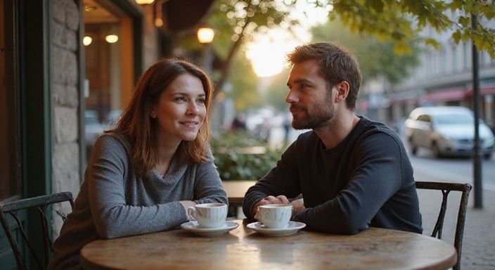 Ein Pärchen genießt eine entspannte Unterhaltung in einem Café. Ein Pärchen genießt eine entspannte Unterhaltung in einem Café bei Sexkontakten in München.